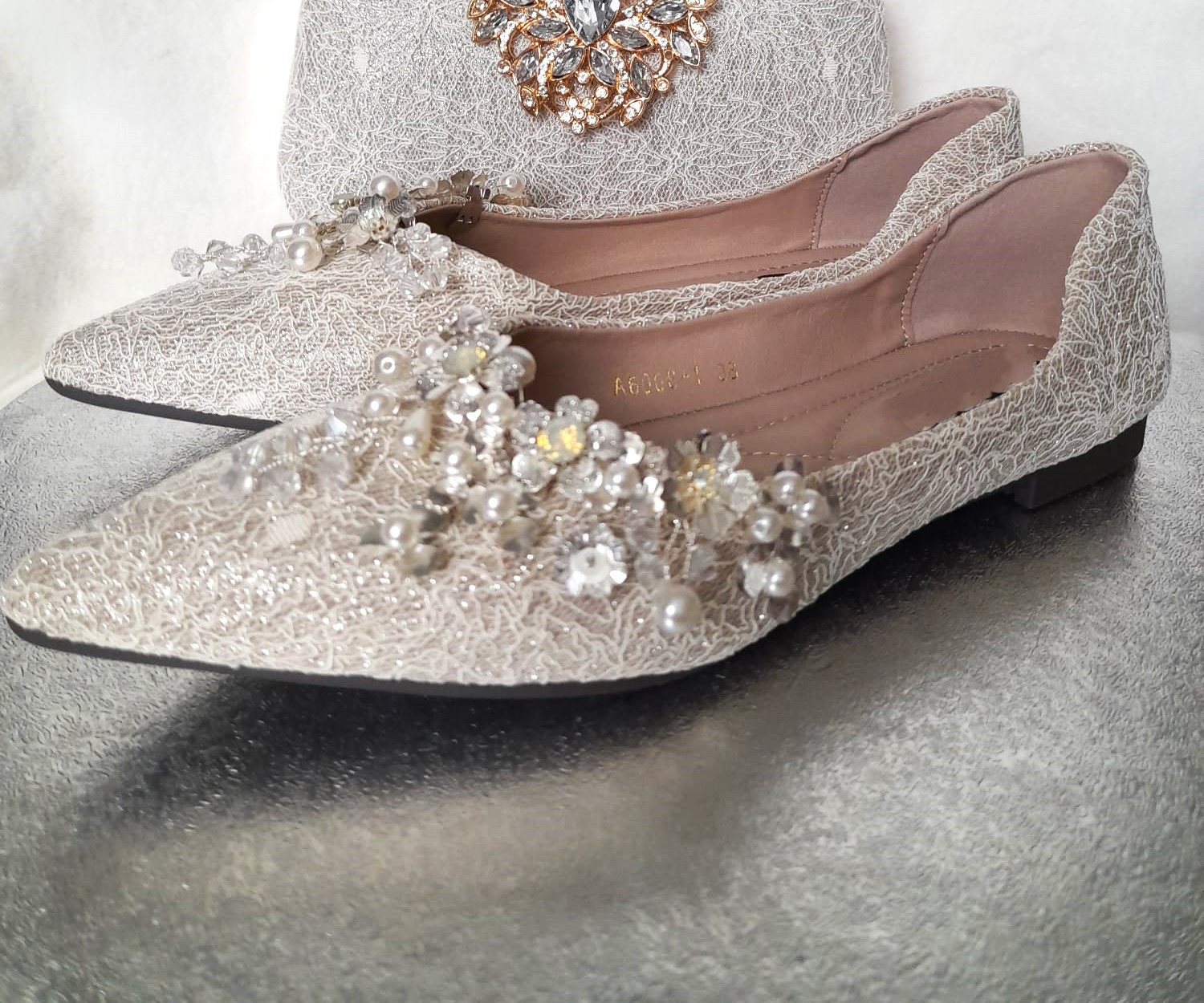 Bridal Shoes Bling Flats Gold Glitter Bridal Flats: Floral Lace