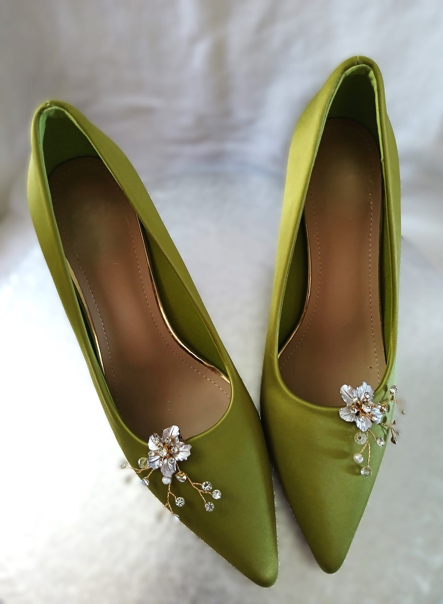 Olive Green Satin Bridal Heels: Mid Heel Wedding Pumps With Bow Clips - Etsy