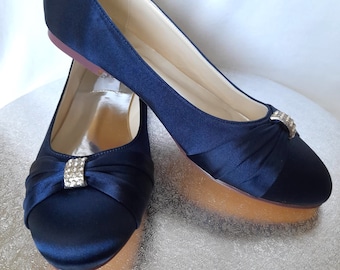 Navy Blue Satin Ballet Flats: Bridal Party Slip-Ons
