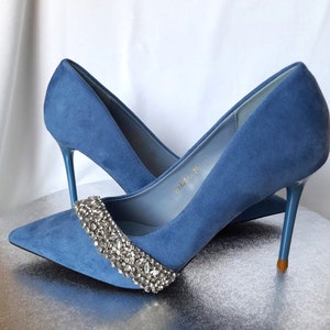 Something Blue Suede Wedding Heels: Crystal Embellished Bridal Shoes