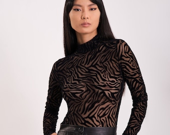 Sheer Animal Print Mesh Bodysuit – High Neck Long Sleeve – Handmade Fashion Barcelona Anakon