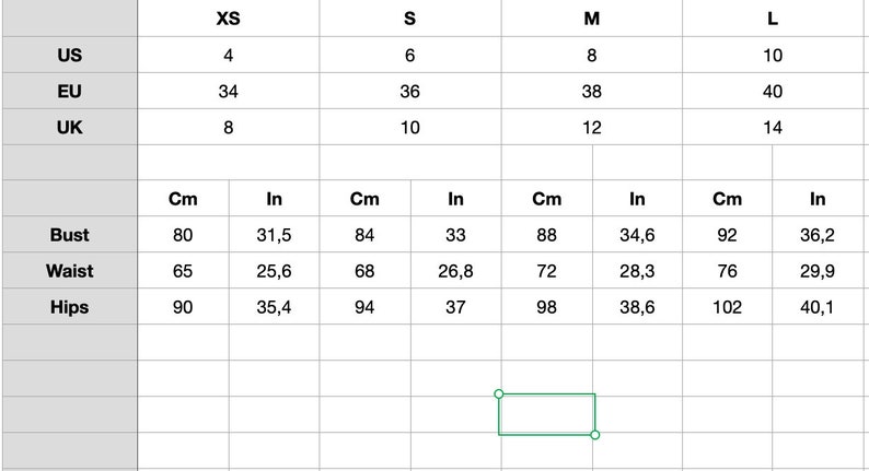 May include: Size chart for clothing with measurements in inches and centimeters. The chart shows sizes XS, S, M, and L with corresponding US, EU, and UK sizes. Measurements are provided for bust, waist, and hips.