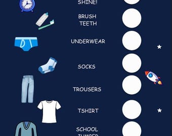 Puede incluir: Una lista de verificación azul marino para las mañanas escolares, con ilustraciones de ropa, desayuno y un reloj. El texto incluye "School Morning Checklist" y los pasos de la rutina matutina.