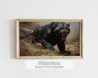 Samsung Rahmen TV Kunst von Vintage Black Panther Gemälde | Wild Life Kollektion | Vintage Tiere Ölgemälde | SFWLC11