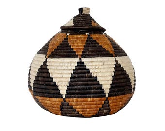 One-of-a-Kind Medium African Zulu Basket - Handwoven Geometric Design in Beige, Orange, and Black