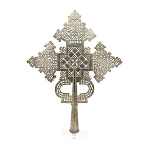 Vintage Silver Ethiopian Cross | Mounted on Lucite Stand | Handmade African Processional Cross