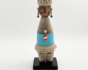 Aqua Blue Namji Doll with Cowrie Shells - Handmade in Cameroon - 13 Inches