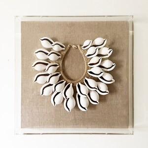 Cowrie Shell Necklace Shadow Box, Coastal Linen Acrylic Wall Art