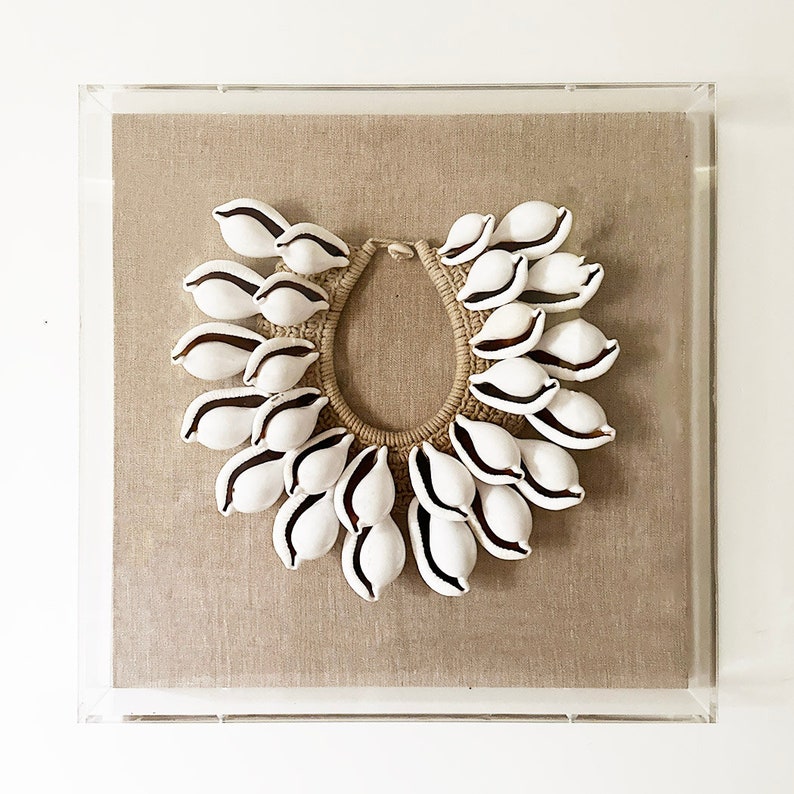 Cowrie Shell Necklace Shadow Box, Coastal Linen Acrylic Wall Art