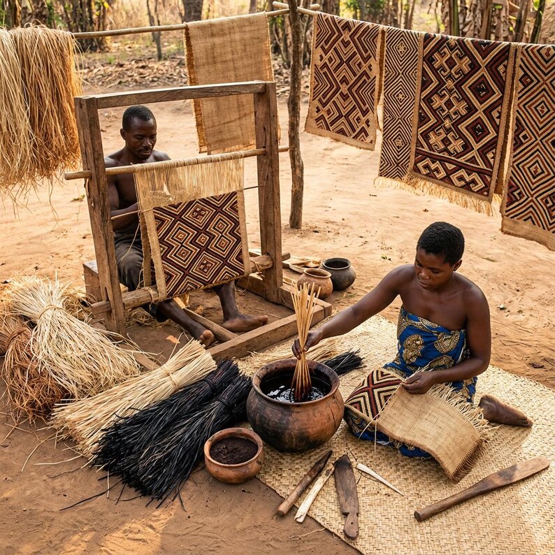 May include: Artisans weaving intricate geometric patterns on woven mats and textiles. The image shows the process of creating traditional crafts, with materials like straw and natural dyes. Finished pieces hang to dry, showcasing the detailed craftsmanship.