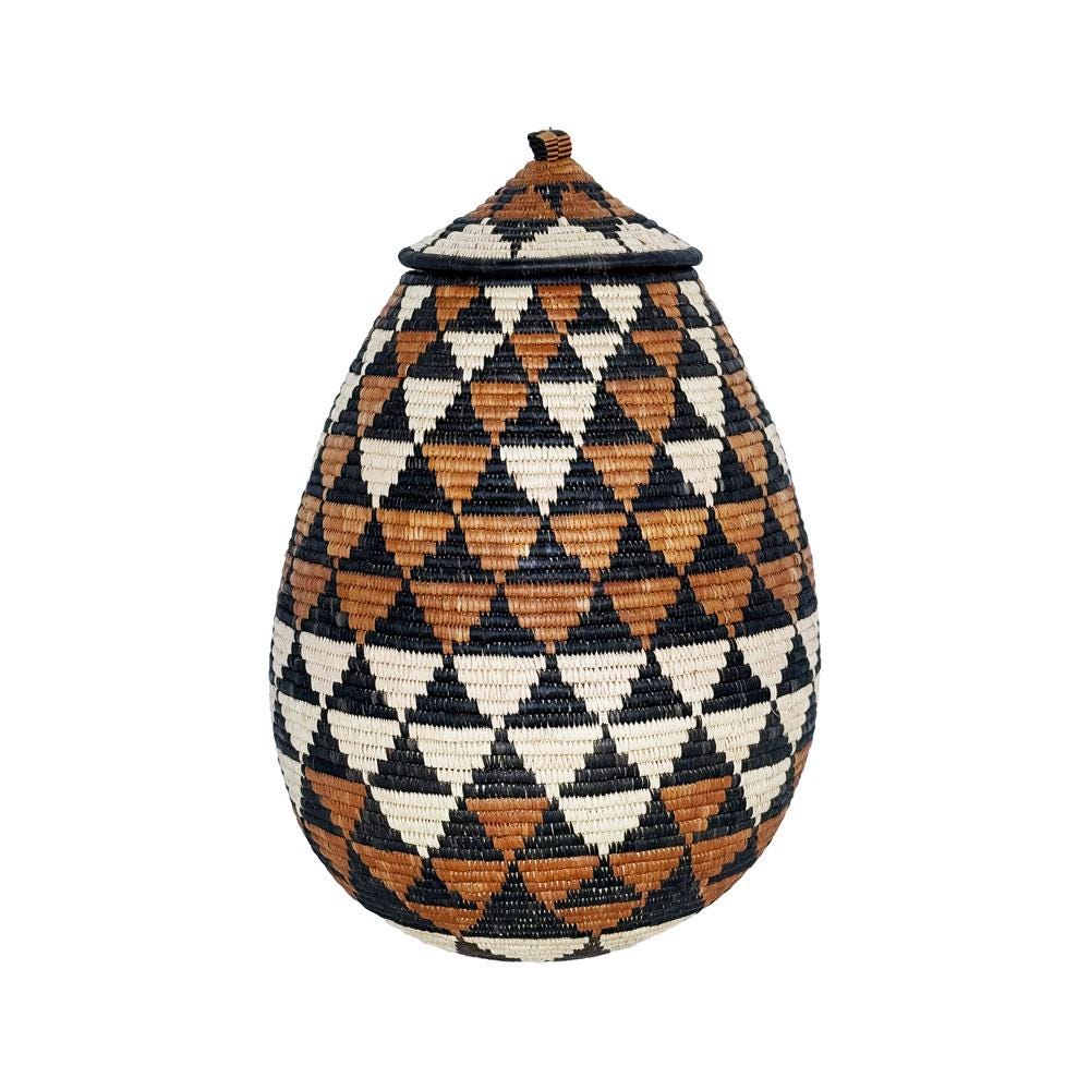 One-of-a-Kind Large African Zulu Basket - Handwoven Geometric Design in Black, Orange, and Beige