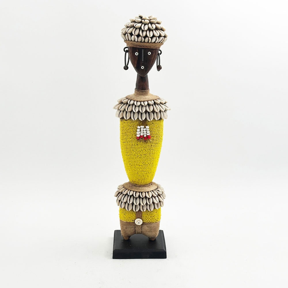Yellow Namji Doll with Cowrie Shells - Handmade in Cameroon - 17 Inches