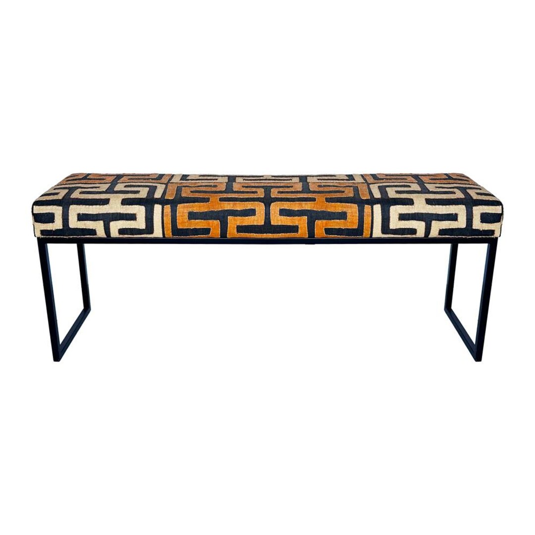 Kuba Cloth Bench, African Textile, Matte Black Legs, African Raffia ...