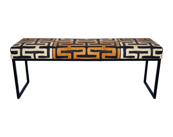 Kuba Cloth Bench, African Textile, Matte Black Legs, African Raffia Seating