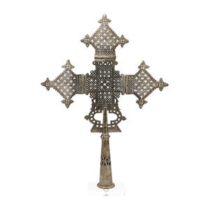 Vintage Silver Ethiopian Cross | Mounted on Lucite Stand | Handmade African Processional Cross