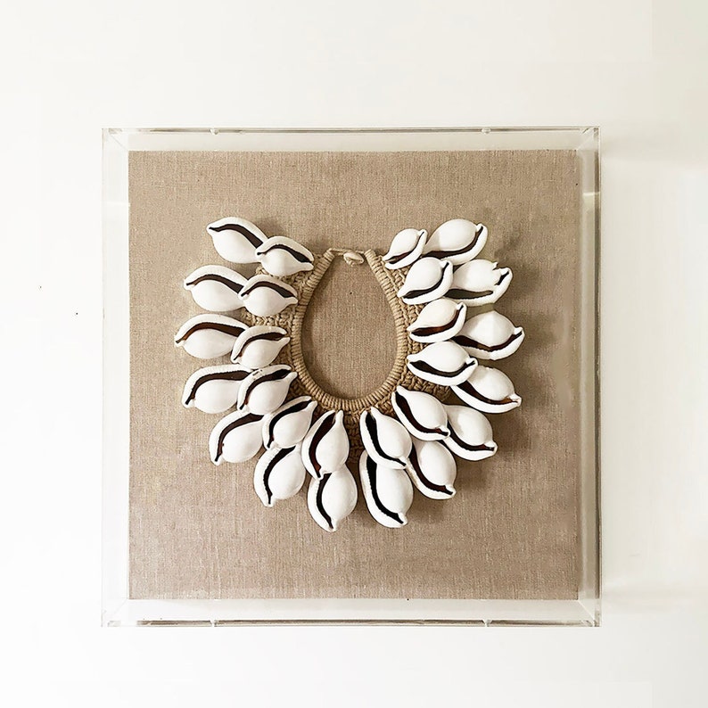 Cowrie Shell Necklace Shadow Box, Coastal Linen Acrylic Wall Art
