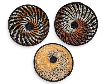 Set of 3 Black & Orange African Wall Baskets – Handwoven in Uganda