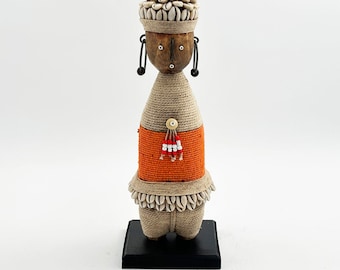 Orange Namji Doll with Cowrie Shells - Handmade in Cameroon - 13 Inches