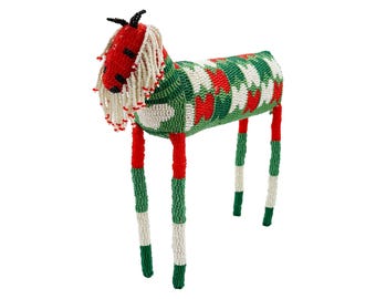 Beaded Lion Figurine – Green, Red & White Accents | Handmade Monkey Biz Animal by Artisans in South Africa