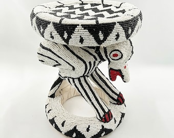 Black And White Patterened Bamileke Stool | Handcrafted in Cameroon | West African Elegance