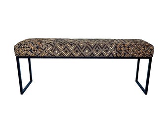 Kuba Cloth Bench, Diamond Textile, Matte Black Legs, African Raffia Seating
