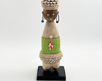 Lime Green Namji Doll with Cowrie Shells - Handmade in Cameroon - 13 Inches