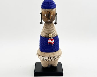Cobalt Blue Namji Doll with Cowrie Shells - Handmade in Cameroon - 13 Inches