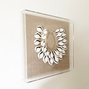 Cowrie Shell Necklace Shadow Box, Coastal Linen Acrylic Wall Art
