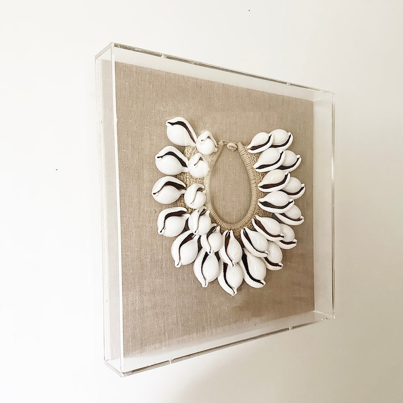 Cowrie Shell Necklace Shadow Box, Coastal Linen Acrylic Wall Art