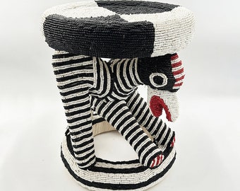Black And White Beaded Bamileke Stool | Handcrafted in Cameroon | West African Elegance