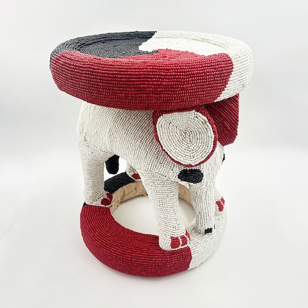 White and Red Elephant Beaded Bamileke Stool | Handcrafted in Cameroon | West African Elegance