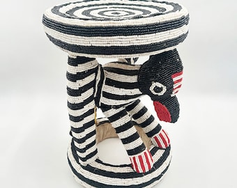 Black And White Beaded Bamileke Stool | Striped Pattern | Handcrafted in Cameroon | West African Elegance