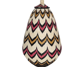 One-of-a-Kind X-Large African Zulu Basket – Handwoven Geometric Design in Black, Yellow, Pink, and Beige