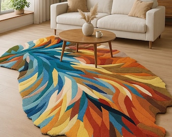 May include: A colorful area rug with a unique, abstract design. The rug features a vibrant array of colors, including blue, orange, yellow, and green, arranged in a flowing, feather-like pattern. The rug is placed on a hardwood floor in a living room setting.
