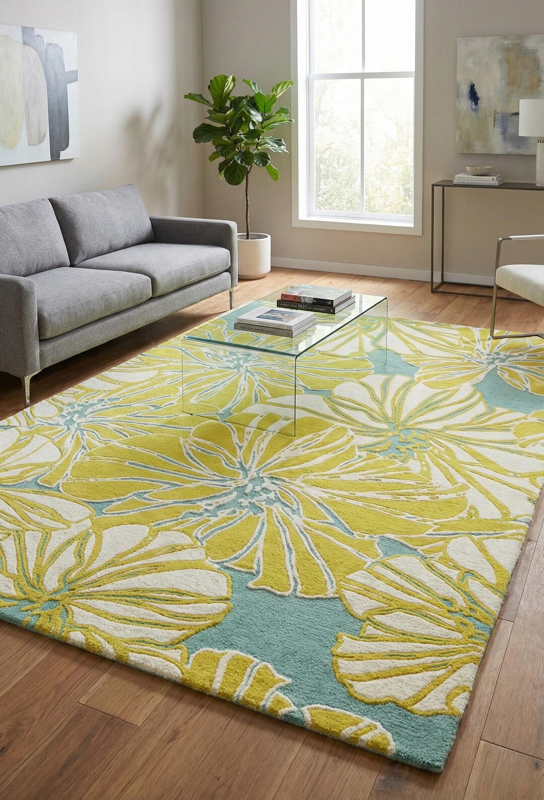 Modern Botanical Floral Rug – Vibrant Lime Green & Teal Abstract Flower ...