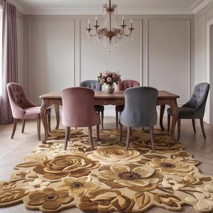 3D Carved Floral Wool Rug, Beige & Brown Gold Sculpted Flower Area Rug, Organic Shape Botanical Carpet for Dining Room, Living Room