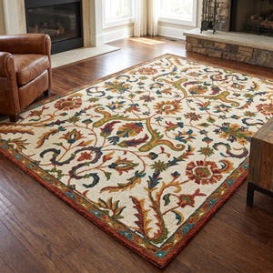 Alfombra de lana con estampado floral de estilo vintage / Alfombra tradicional botánica para sala de estar / Alfombra decorativa de pelo rizado tejida a mano en crema, rojo y azul que no suelta pelo