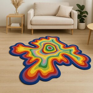Wavy Rainbow Rug Organic Shape with Concentric Color Layers Irregular Shape Soft Woolen Rug Modern Style Handmade Hand Tufted Rug 4x4,5x5,
