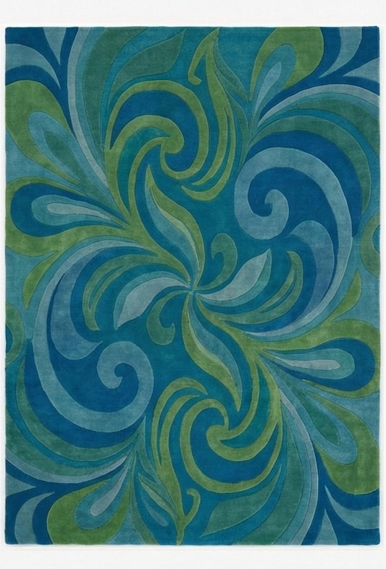 Abstract Blue Rug Pattern Hand Tufted Wool Rug | Abstract Blue and Green Swirl Rug Coastal Ocean ...