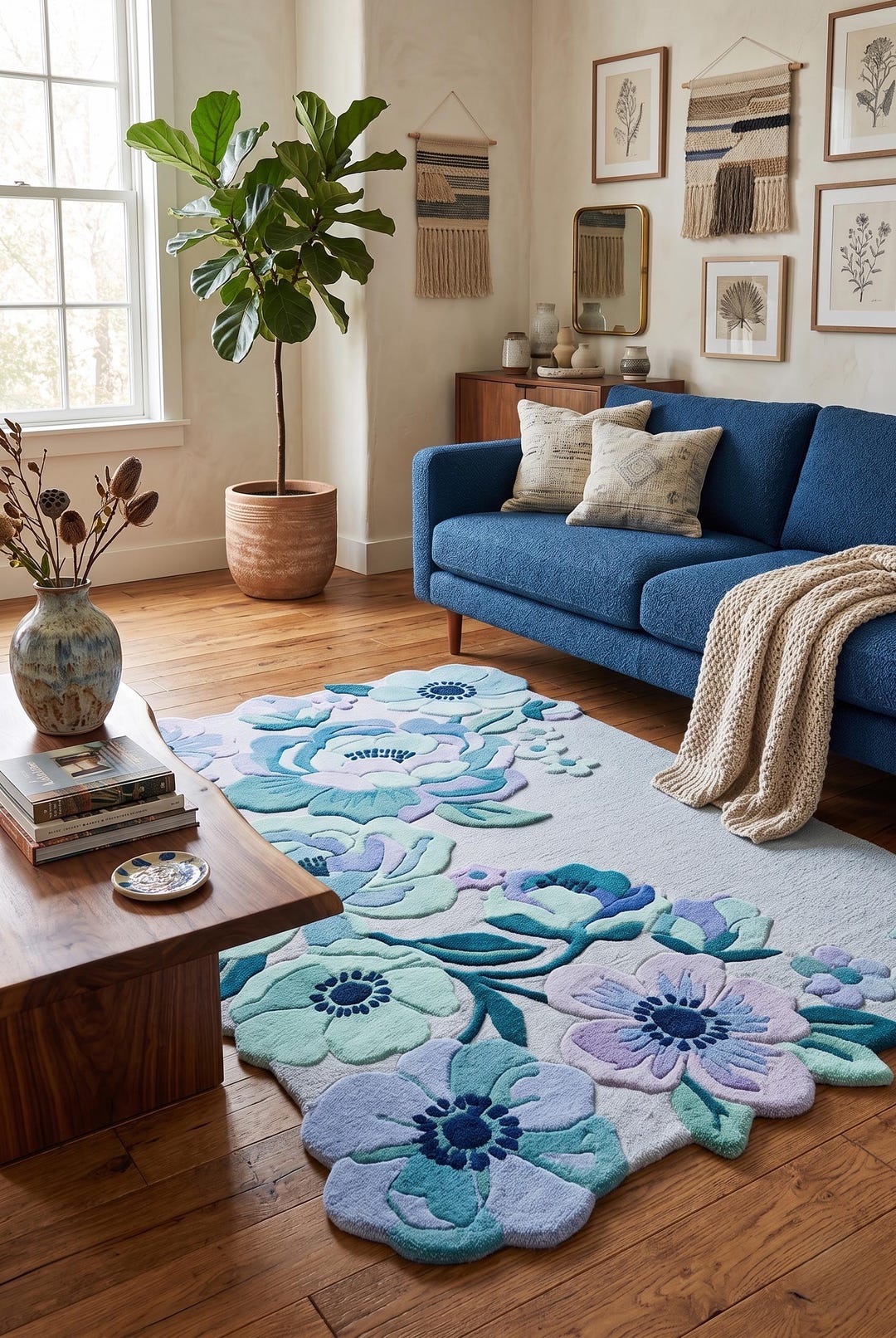 3D Floral Wool Rug | Hand Tufted Lavender & Blue Flower Area Rug ...