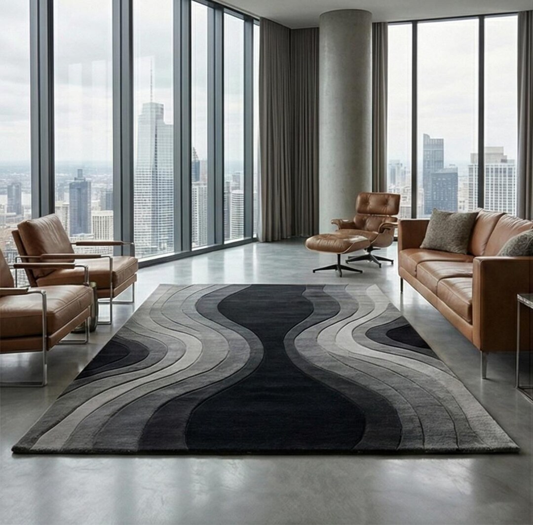 Black and Grey Abstract Wool Rug - Modern Wavy Design Area Rug ...