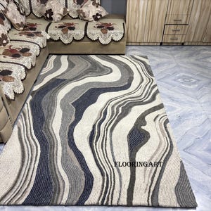 Tapete de lã estilo moderno feito à mão, tapete grande de área tufada à mão, 100% lã da Nova Zelândia, cor multicolorida e marfim, veja, tapete com padrão de ondas feito à mão