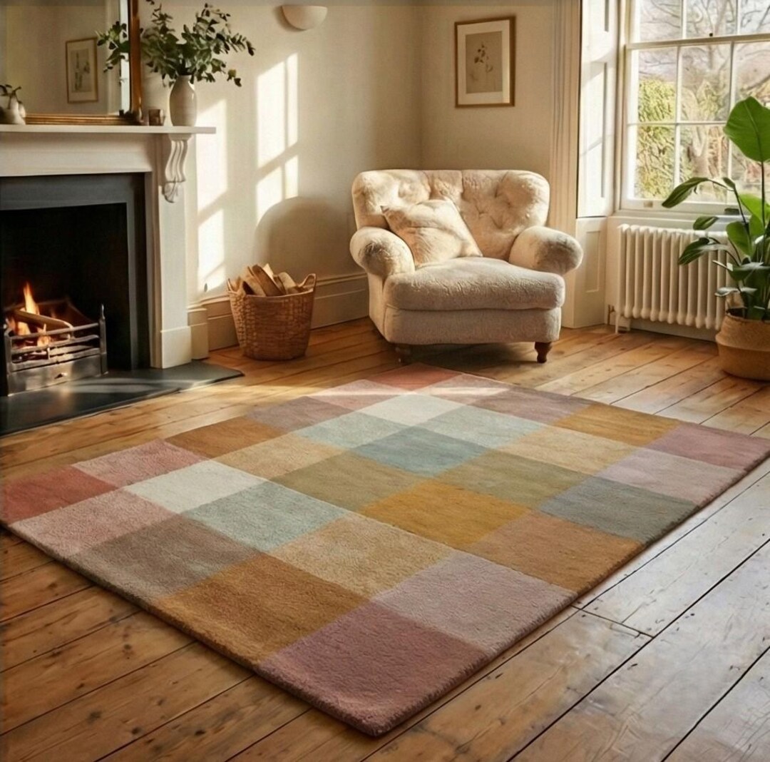 Checkered Wool Rug, Hand Tufted Pastel Grid Area Rug, Modern ...