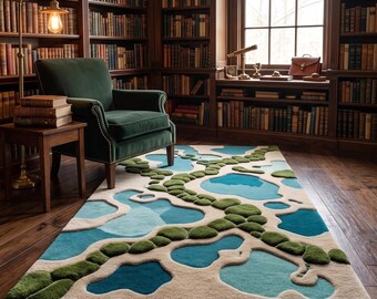 Handgemaakt 3D-kleed van mos- en rivierwol | Op de natuur geïnspireerd topografisch vloerkleed | Getextureerd groen en blauw getuft tapijt voor bibliotheek | Woonkamer