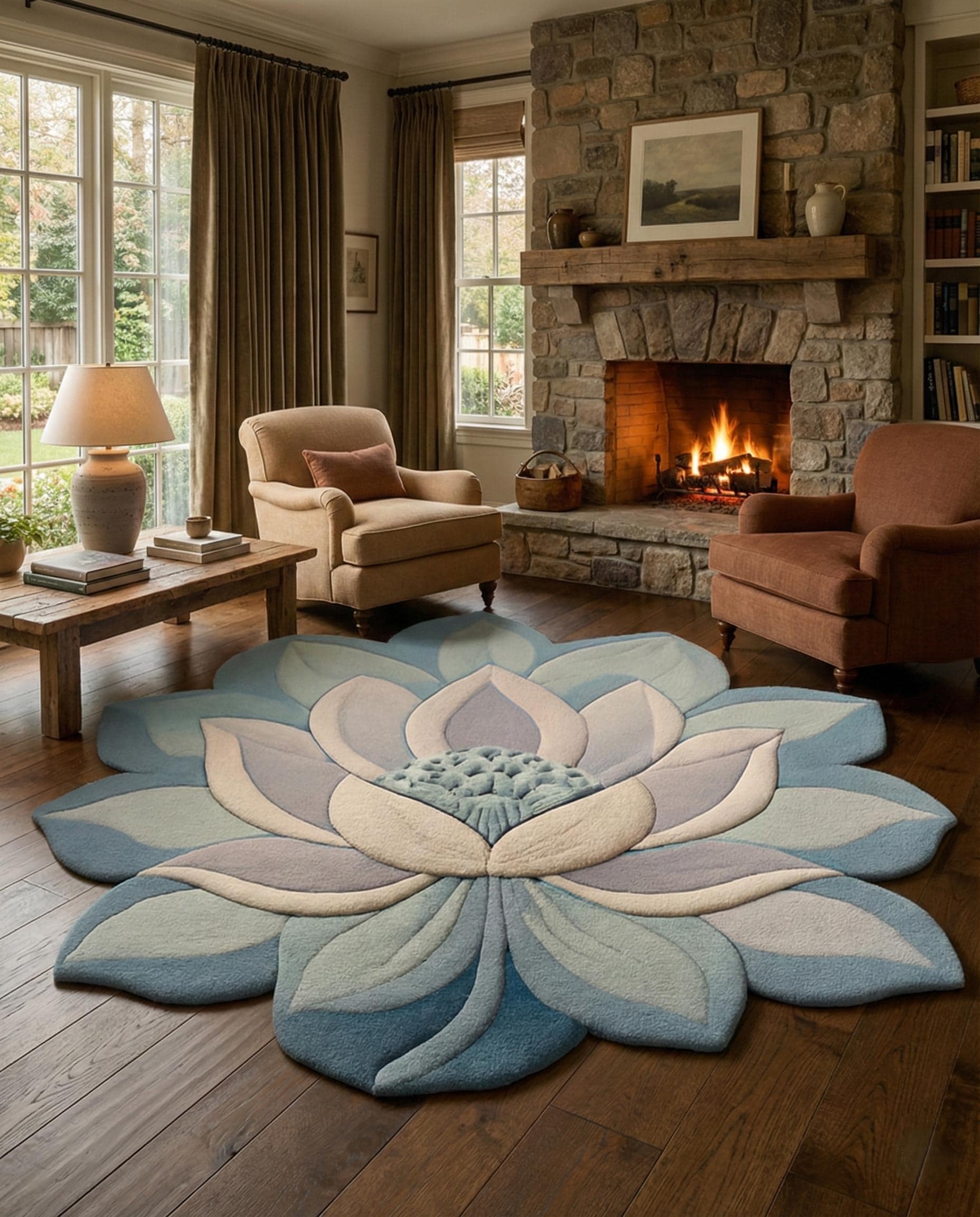 Blue Ivory Lotus Flower Rug - Sculpted Wool Art Rug - Gradient Blue ...