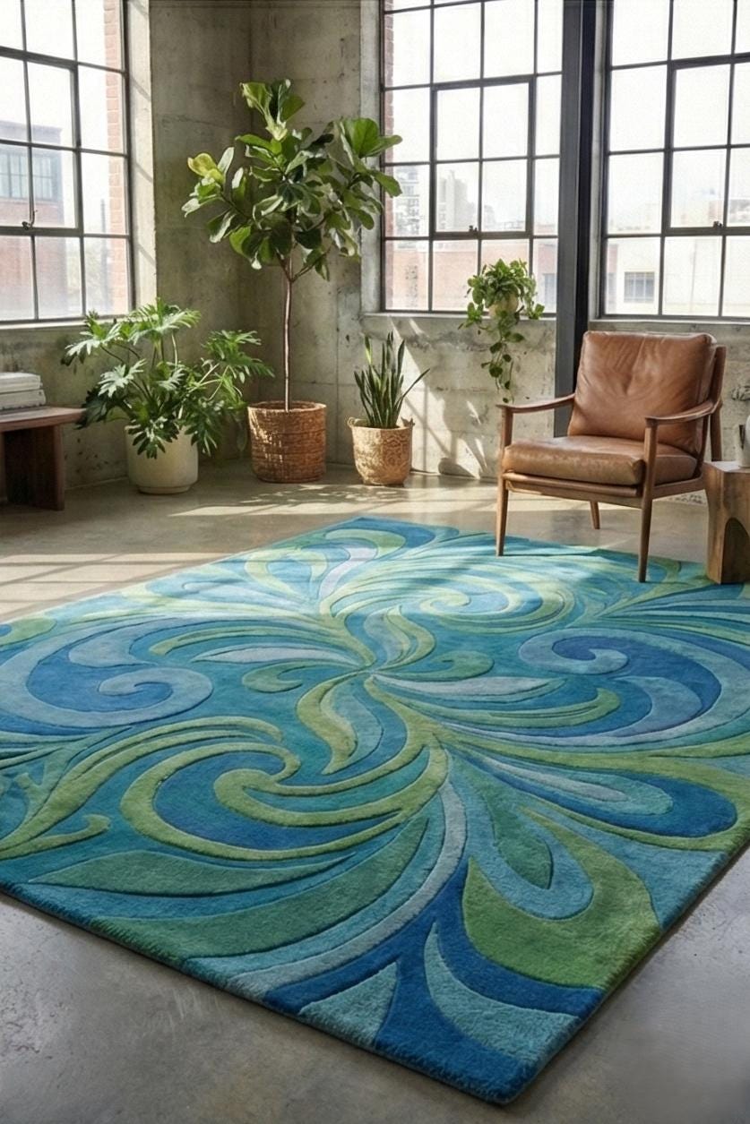 Hand Tufted Wool Rug | Abstract Blue and Green Swirl Rug Coastal Ocean ...