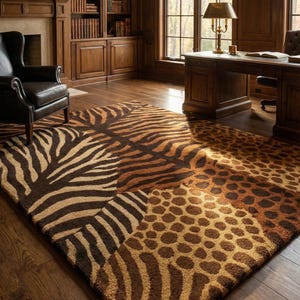 May include: A rectangular rug with a patchwork design featuring zebra and leopard patterns in shades of brown and tan. The rug is placed on a wooden floor in a room with dark wood panelling and a desk.