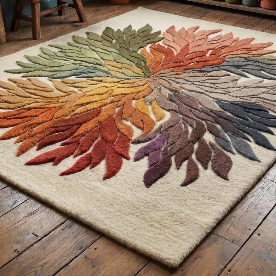 Hand Tufted Wool Rug, Colorful Botanical Leaf Area Rug, Modern Abstract ...