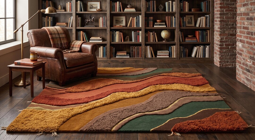 Hand-tufted 3D Wave Wool Rug | Mid Century Modern Earth Tone Area Rug ...
