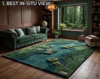 3D Moos Wald Teppich | Handgetufteter Wollfluss Teppich | Großer Grüner Ästhetischer Teppich für Wohnzimmer | Natur Inspiriert Jungle Schlafzimmer Dekor